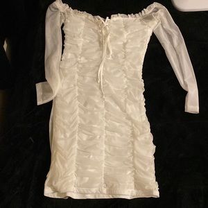 White mesh off shoulder rushed dress